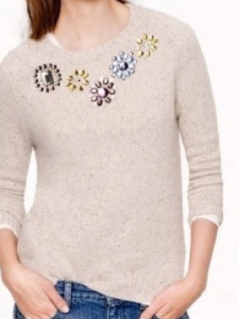 J. Crew Donegal Lamb’s Wool Embellished Cream Crewneck Sweater